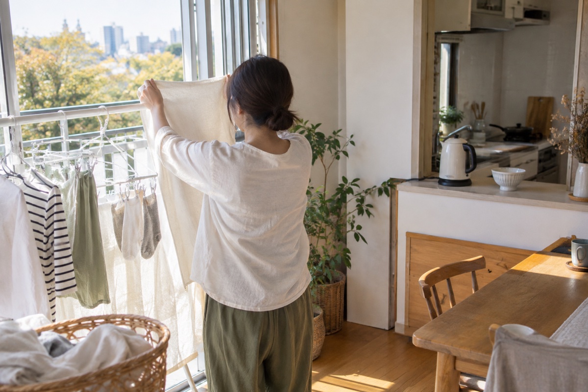 室内干しのラックに洗濯物を掛ける人と、窓際の明るい室内