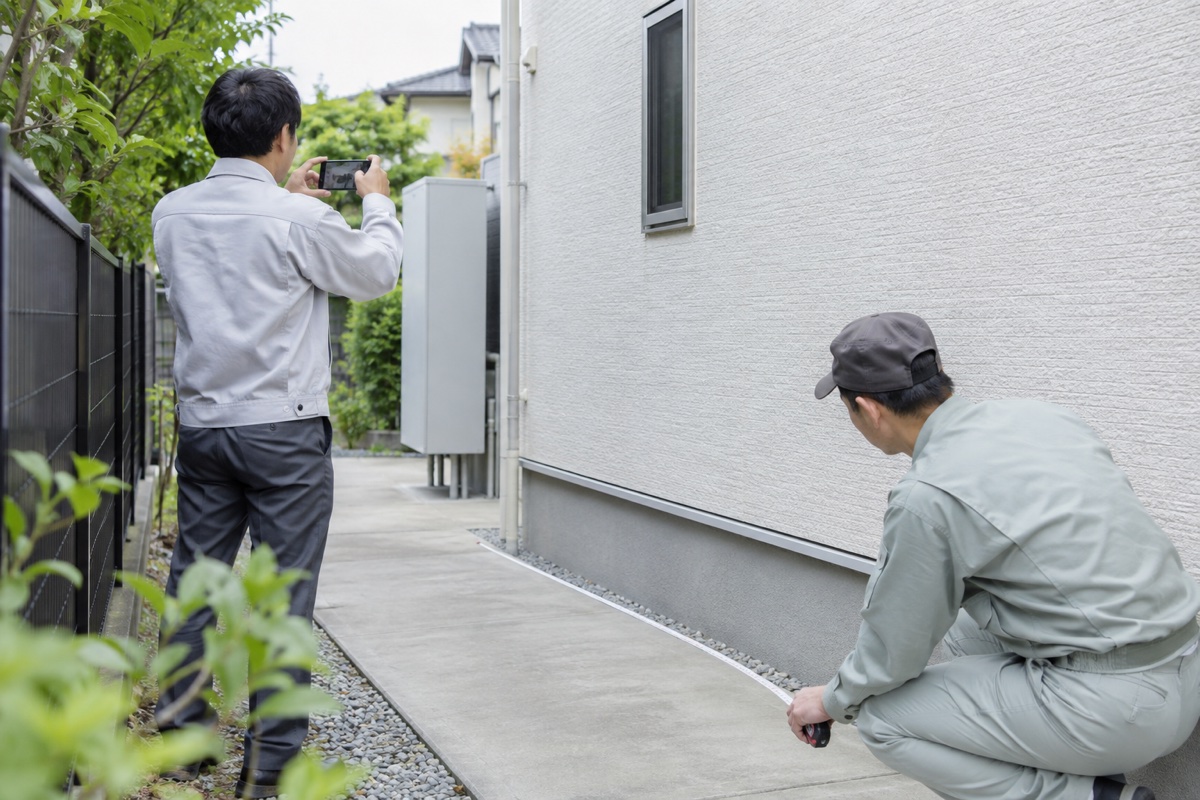 住宅の側面通路で、外壁と機器の設置候補地を撮影しながら幅を測る二人の作業員