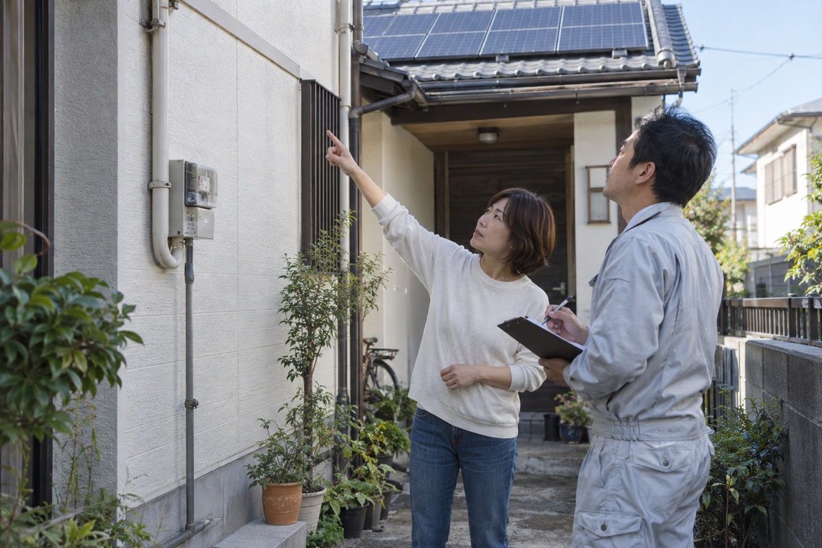 屋根に太陽光パネルのある住宅の外壁を指さし、住人と施工担当者が話す様子