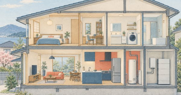 太陽光と蓄電池を備えた住宅の断面を描いた水彩の建築スケッチ