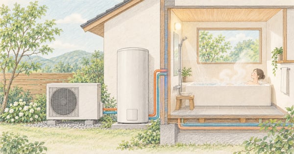 屋外機と給湯タンク、浴室を描いた色鉛筆の住宅断面図