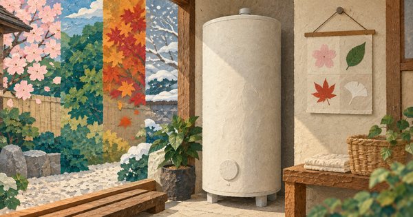 四季の植物を配した和紙のコラージュで描かれた給湯タンク