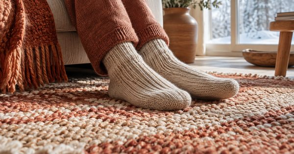 厚手の靴下を履いた足元と、編み目のあるラグの質感を大きく捉えた暖色の接写