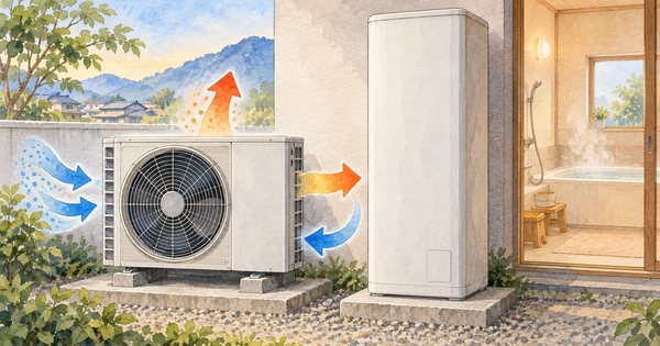 屋外のヒートポンプ機と別置きの貯湯タンクから浴室へ熱を運ぶ概念図