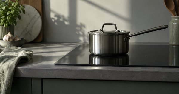 使われていない空のキッチンカウンターに、蓋を閉じた鍋と影だけがある低彩度の静物写真