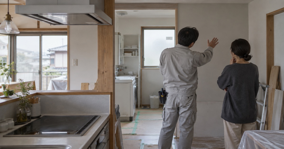 リフォーム中の住宅で、キッチンから見える家事室の壁を確認する二人