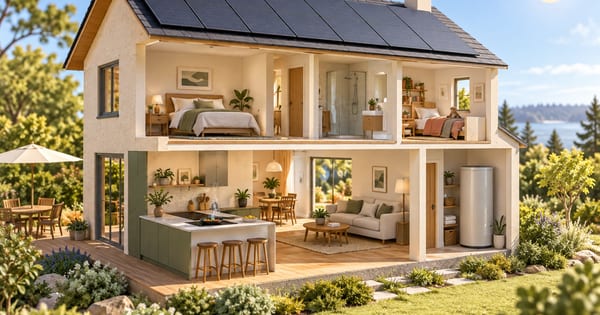 太陽光パネルの屋根、台所のIH調理器、給湯器形の物体がある家の断面模型