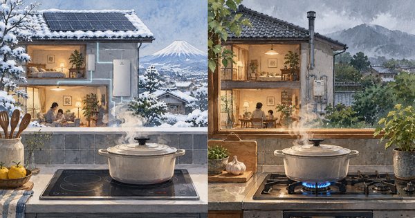 同じ鍋をIH調理器とガスコンロで温める二つの住宅を左右に並べた比較画