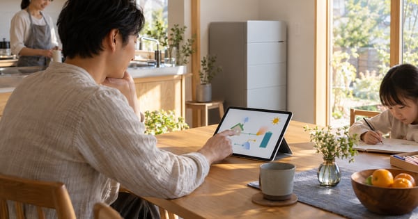 朝のダイニングで、色の図形だけが表示されたタブレットを見る家族