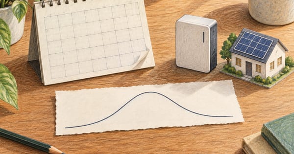 折り目のある空白の暦、曲線を描いた紙、蓄電池模型と太陽光屋根の小さな家