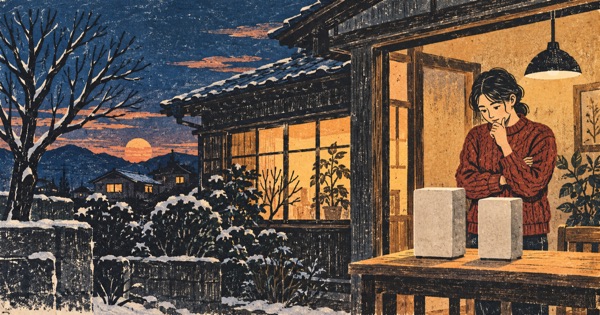 冬の夕方の戸建てで、2つの無地の蓄電池模型を前に比較を考える人を描いた版画風イラスト
