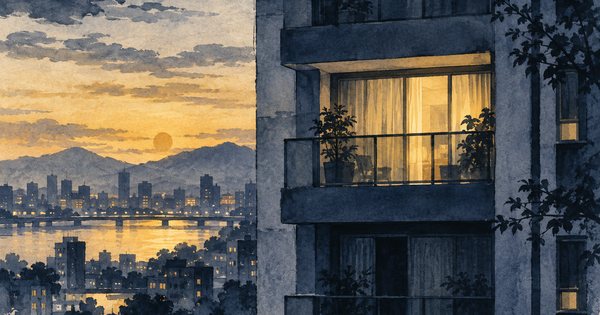 夕暮れの高層住宅を水墨と水彩で描いたイラスト