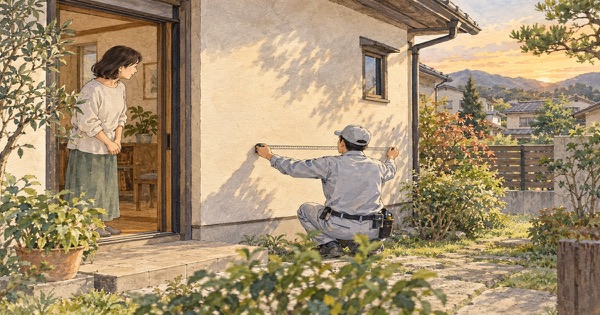 住宅の外壁を測る作業者と玄関先で見守る住人を描いた水彩画