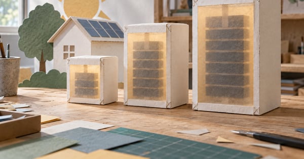 大きさの異なる三つの紙製の蓄電モジュール模型を並べた机