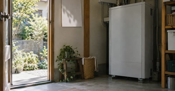庭に開いたユーティリティールームと無地の蓄電池収納庫