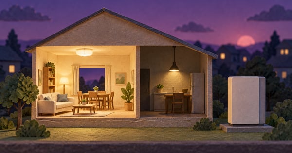 二つの明かり方を見せる紙模型の住宅と蓄電池