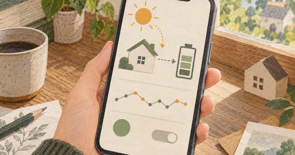 家、太陽、蓄電池、推移線を無文字の図形で表したスマートフォン画面