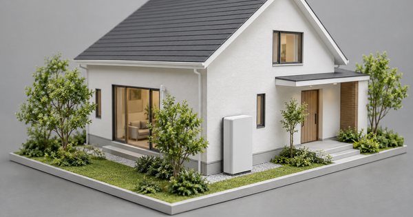 白い建築模型の家の横に、植栽と無記名の小さな蓄電池ブロックを置いた精密な模型写真