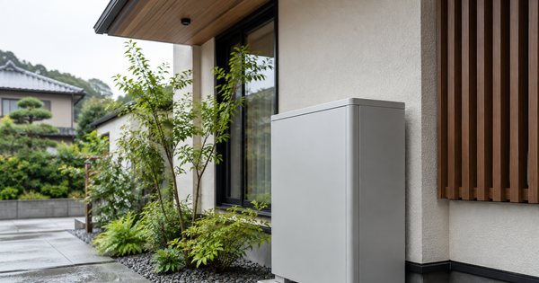 雨上がりの外壁脇に、日よけの下で整然と置かれた無記名の蓄電池外装と排水のよい地面