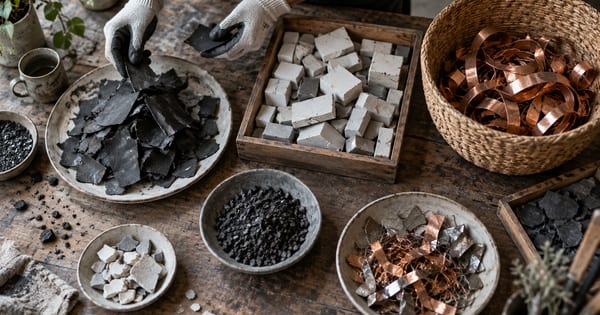陶器片、銅の輪、黒い紙素材を手袋で分ける作業台