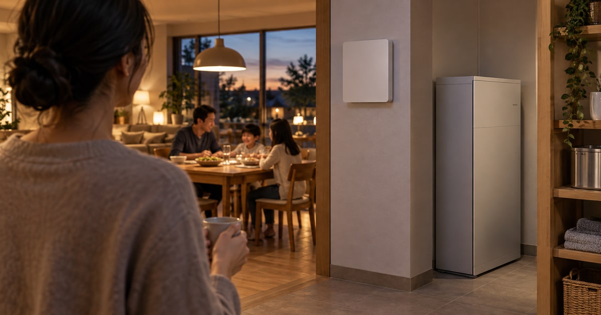 夕方の住宅で壁面コントローラーと蓄電池を見守る人