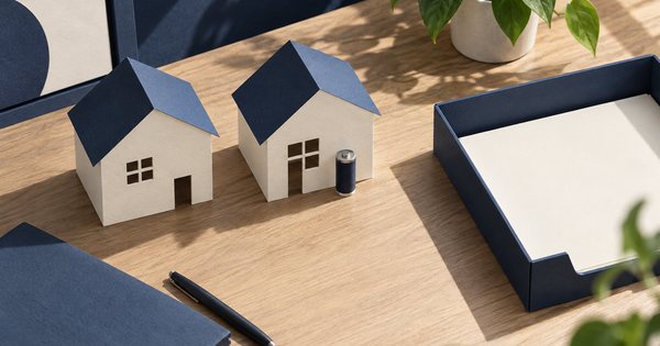 机上に置かれた二つの紙の家と、小さな無地の蓄電池模型