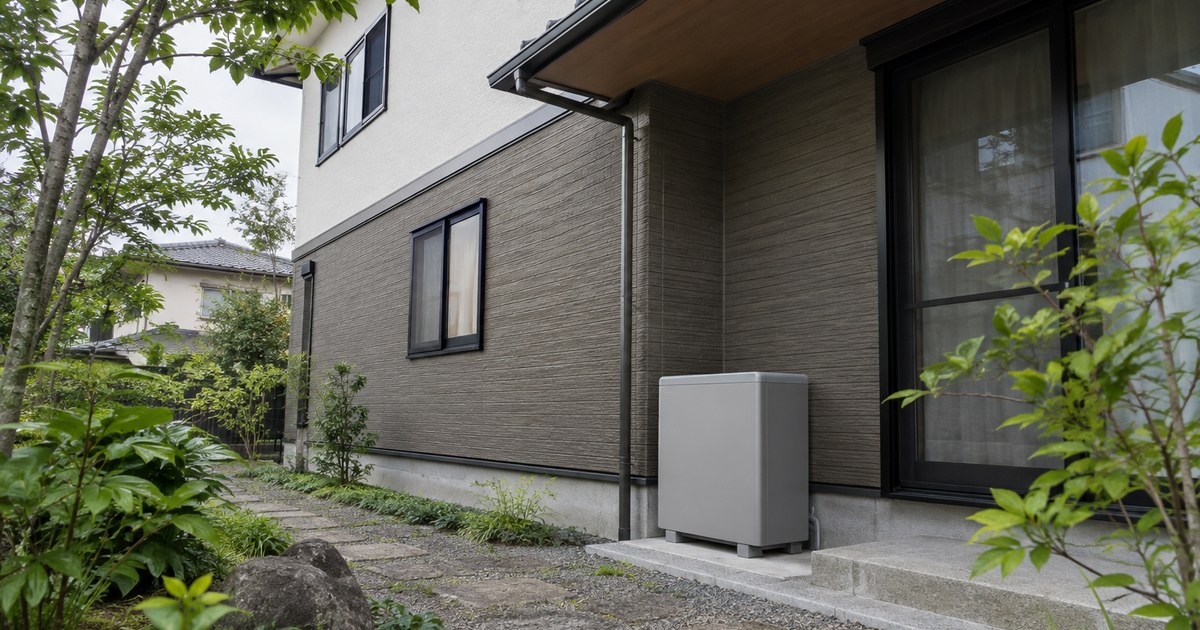 日陰の1階外壁に無地の蓄電池を設置した二階建て住宅