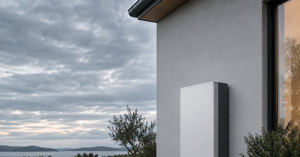 曇天の外壁際にある無記名の家庭用蓄電池と、その上に広がる空を使った余白の多い建築写真