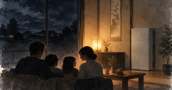 停電した夜の室内で灯りを囲む家族を描いた水彩