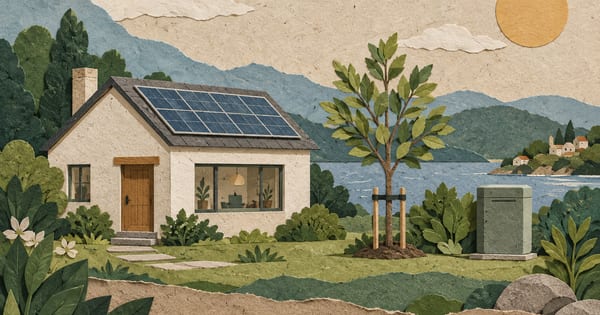 家、太陽光屋根、木、無地の蓄電池形オブジェを重ねた紙の風景