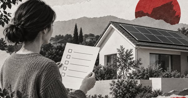 無地の確認票を持つ人と住宅を描いた紙のコラージュ