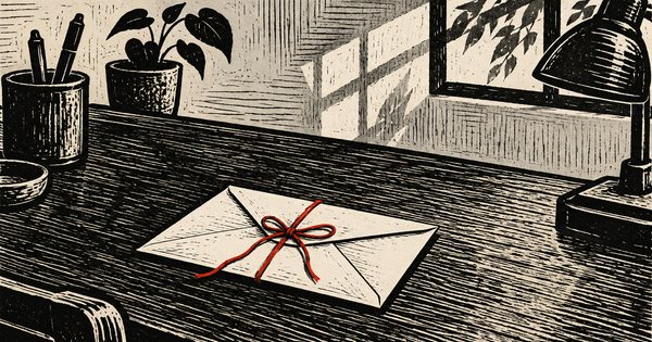 赤い糸で小さな結び目を作った白い封筒と、余白の多い机上を写す版画調の静物