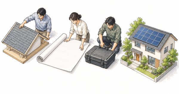 屋根模型と無記名の資材、工具箱を描いたアイソメトリックの建築スケッチ