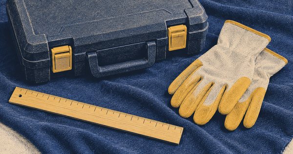 未記入の工具箱、作業用手袋、木製の定規を藍色の布に整然と置いた静物