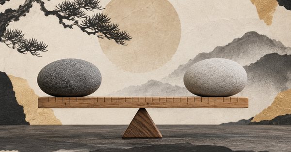 木の定規で釣り合う二つの無地の石を描いたコラージュ