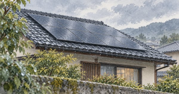 雨に濡れた太陽光屋根を描いた水彩の建築スケッチ