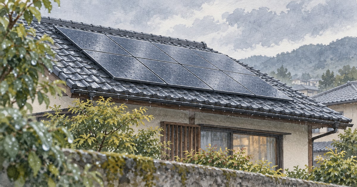 雨に濡れた太陽光屋根を描いた水彩の建築スケッチ