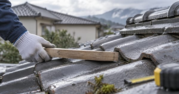 雨上がりの屋根瓦に木製の定規をかざす手袋の手