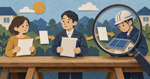 発注者、元請、実際の施工担当者の間で書類が引き継がれる様子を表した図