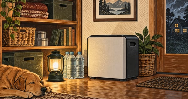 床に置いた無地の蓄電池箱、ランタン、水を並べた備えの棚