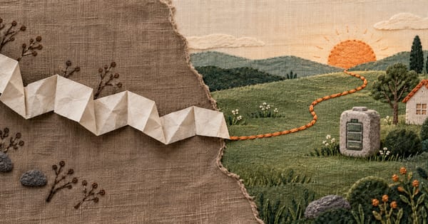 紙の小道と縫い糸が先へ伸びる布と紙のコラージュ
