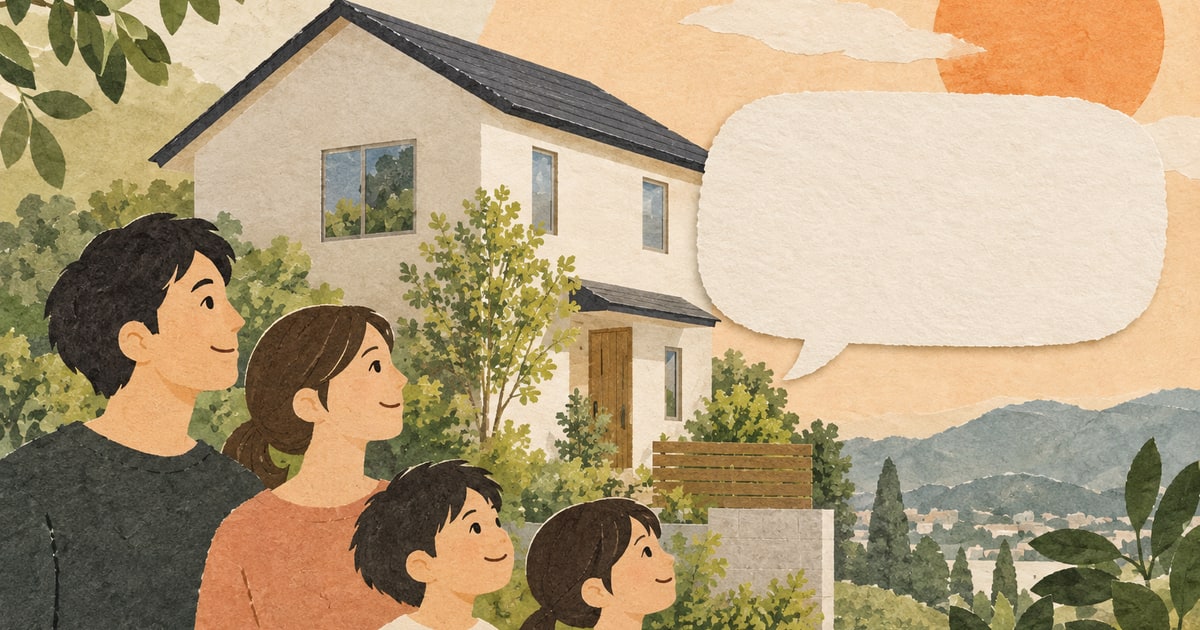 住宅と吹き出し形のカード、太陽を描いた中立的な紙コラージュ