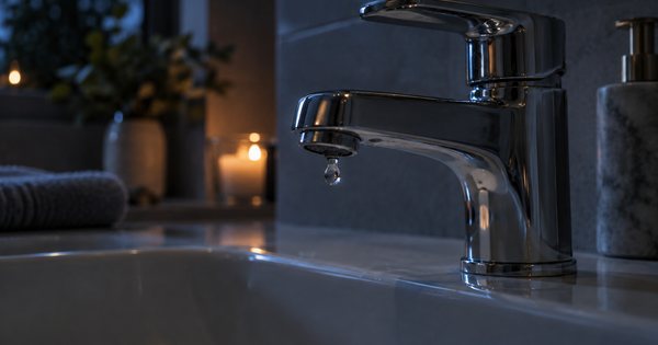 雨の夜の洗面所で、蛇口から水滴が一滴だけ落ちる様子を柔らかな照明で写した写真