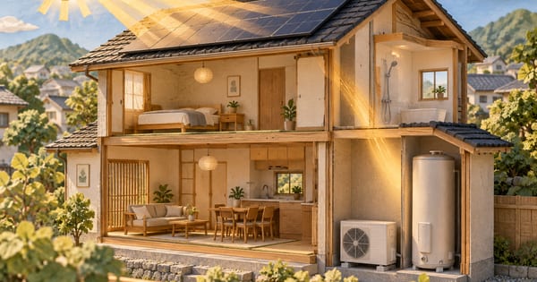 太陽光パネルの屋根と、屋外機、背の高い貯湯タンクがある家の断面模型