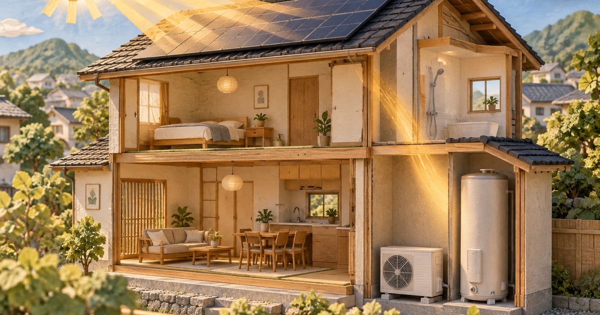 太陽光パネルの屋根と、屋外機、背の高い貯湯タンクがある家の断面模型