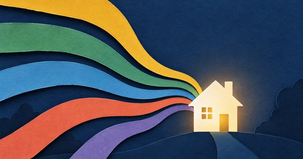 複数の細い色紙の流れが一つの明るい家の形へ集まる、深青の切り紙図版