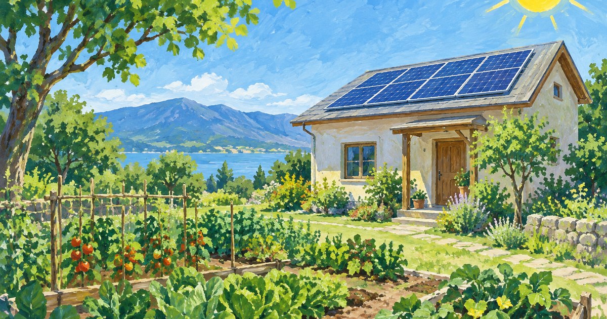 菜園と太陽光のある家を描いた明るいガッシュ画