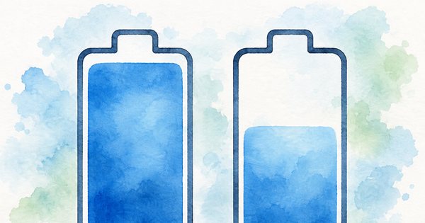 同じ大きさの二つの抽象的な電池ブロックを、新品は満ちた色面、経年側は小さくなった色面で比べる無文字図