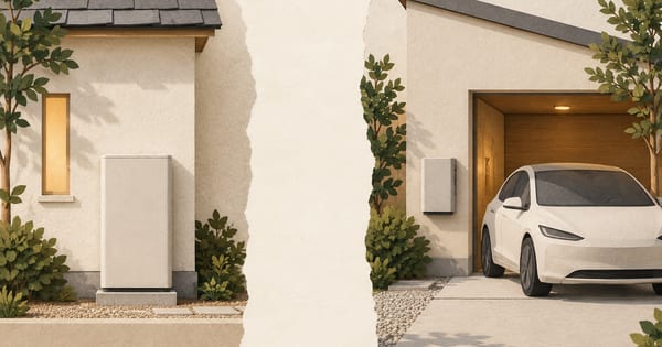 住宅脇の定置型収納箱と、車庫脇の別置き制御箱を並べた紙の建築イラスト