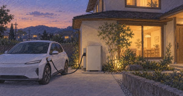 夕暮れの家の外で、無地のEVと独立した無名のV2H機器をつなぐ短いケーブル
